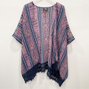 Angie Crochet Lace Trim Printed Kimono Top Size 1X Swim Cover Bohemian